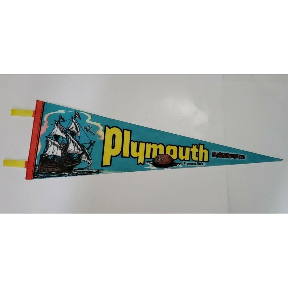 Vintage Plymouth Rock, MA Mayflower travel‎ souvenir felt flag banner pennant